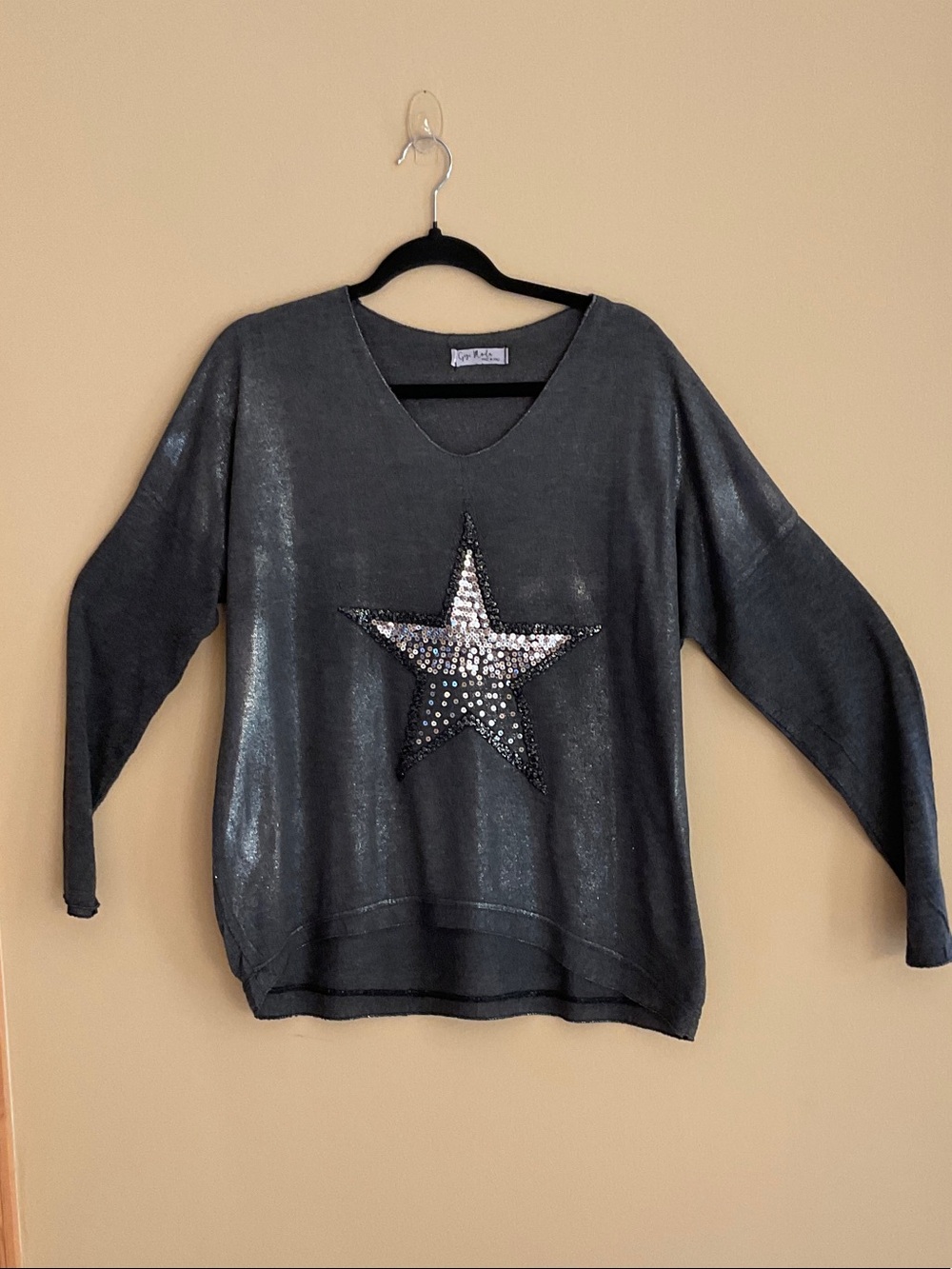 Italian Charcoal Gray Shimmer Slouchy Sequin Star Top